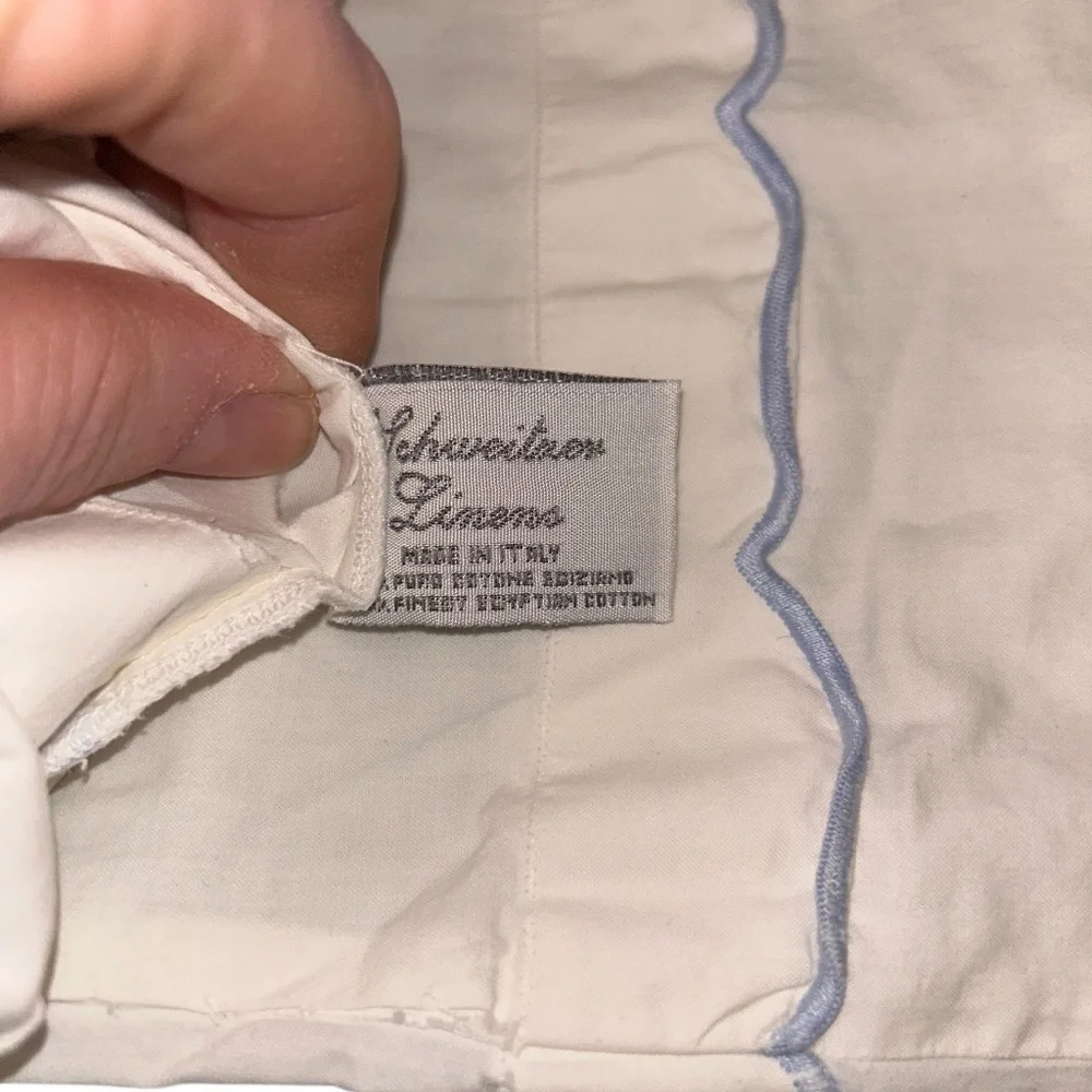Schweitzer Linens powder blue white embroidered wavy line neck roll pillow cover